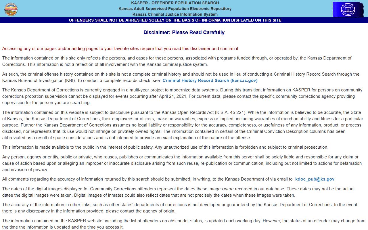 Marshall County inmate records KASPER offender search disclaimer